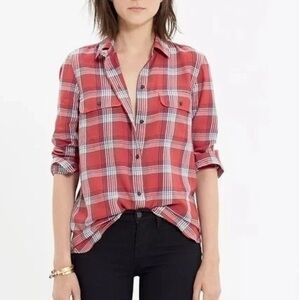 Madewell Ex-Boyfriend Button Down Shirt XS Red Plaid 100% Cotton